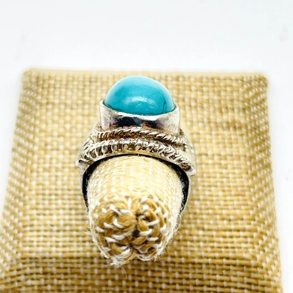 Vintage Silver Tone Ring Oval Teal Bead Cabochon Southwestern Style Statement